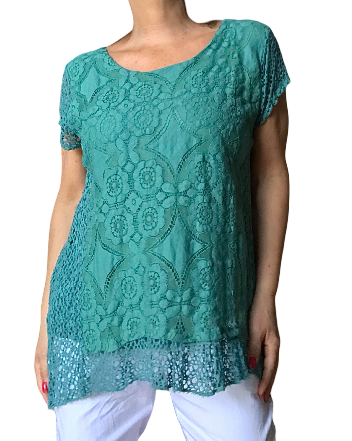 T-shirt uni en dentelle jade