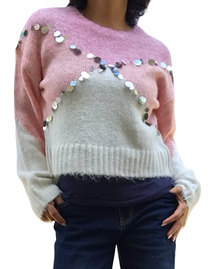 Chandail col rond rose en tricot 3 couleurs avec paillettes argentées croisées devant