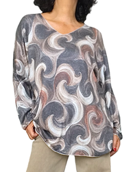 T-shirt manches longues col V à cercles vintage noir, brun, beige et rouille – vue de face