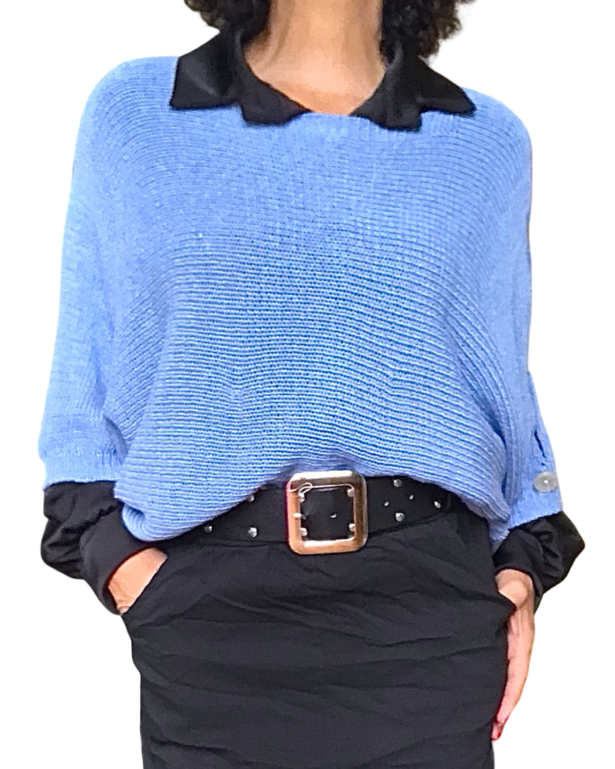 Chandail uni bleu jeans en tricot avec ouvertures sur les épaules