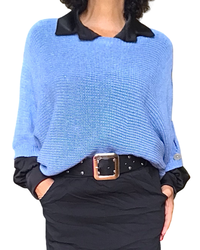 Chandail uni bleu jeans en tricot avec ouvertures sur les épaules