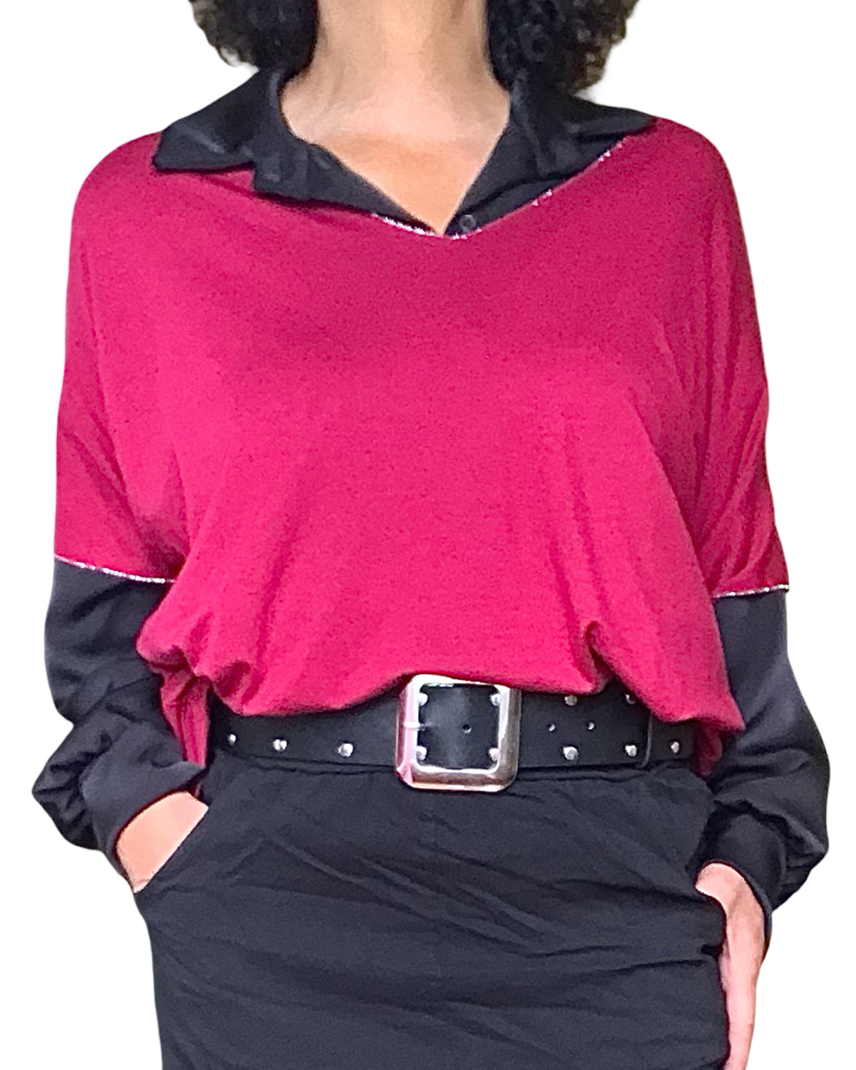 T-shirt uni rouge vin manche courte col en V avec lurex argenté