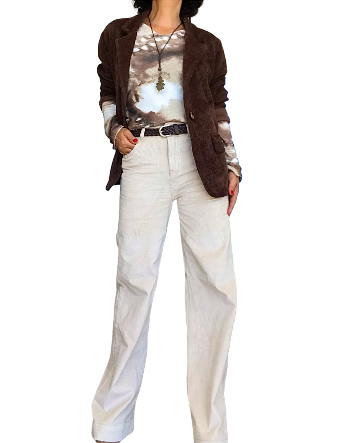 T-shirt manche longue imprimé arty blanc, brun, Camel et beige