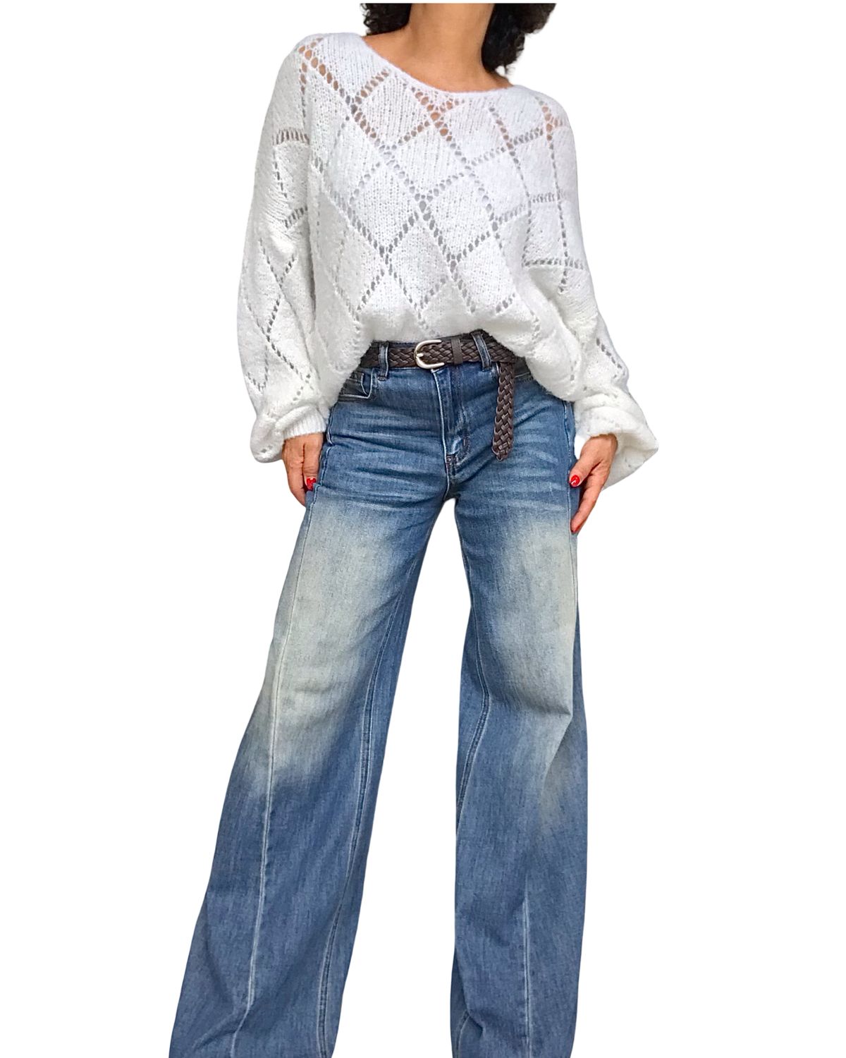 Jeans palazzo bleu avec surpiqûre le long de la jambe