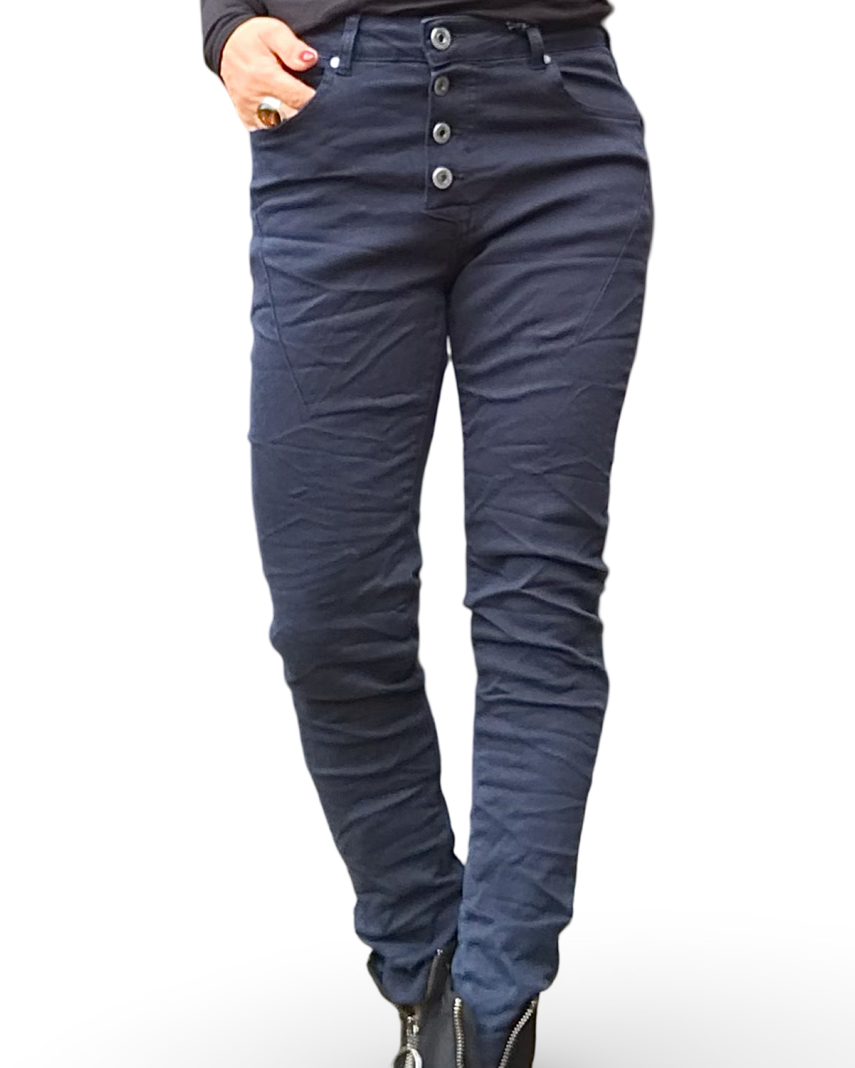 Pantalon ajusté bleu marin avec boutons devant