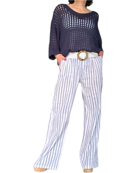 Pantalon droit blanc à rayures marine, taille élastique