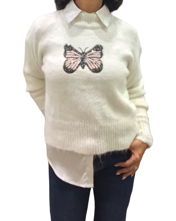 Chandail col montant off White en tricot avec un appliqué de papillon