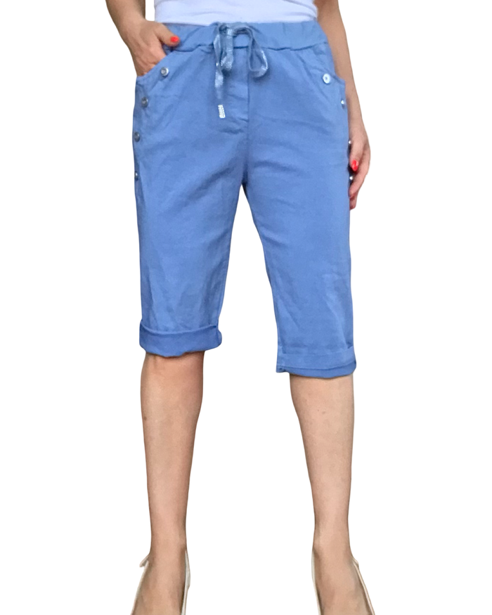 Bermuda bleu jeans à taille élastique avec cordon et 4 boutons décoratifs