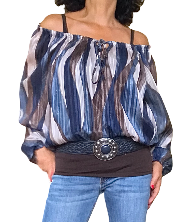 Blouse en voile marine imprimé zigzag vertical manches bouffantes