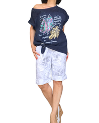 T-shirt marine avec dessin de feuilles, garni d’une bande en crochet dans le haut