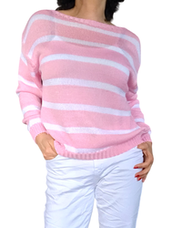 Chandail en tricot manches longues col rond à rayures blanche et rose pâle