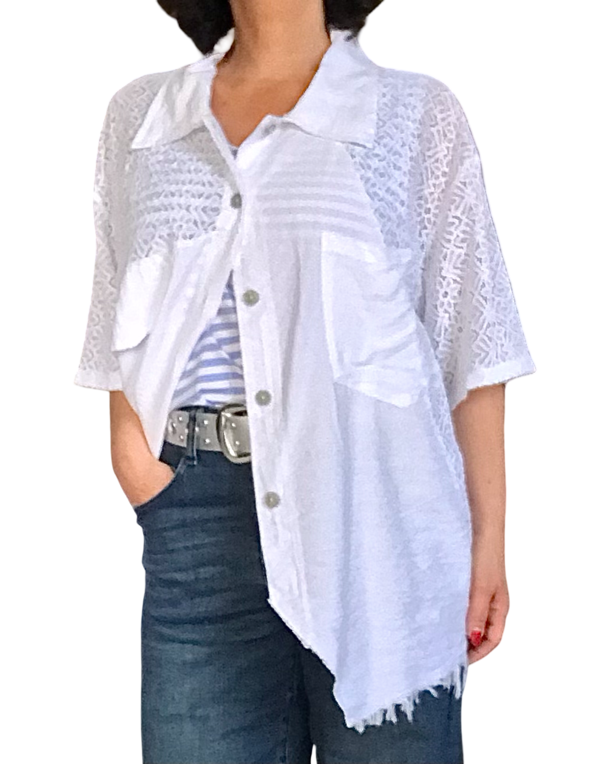 Chemise blanche unie à manche courte en dentelle, col chemise