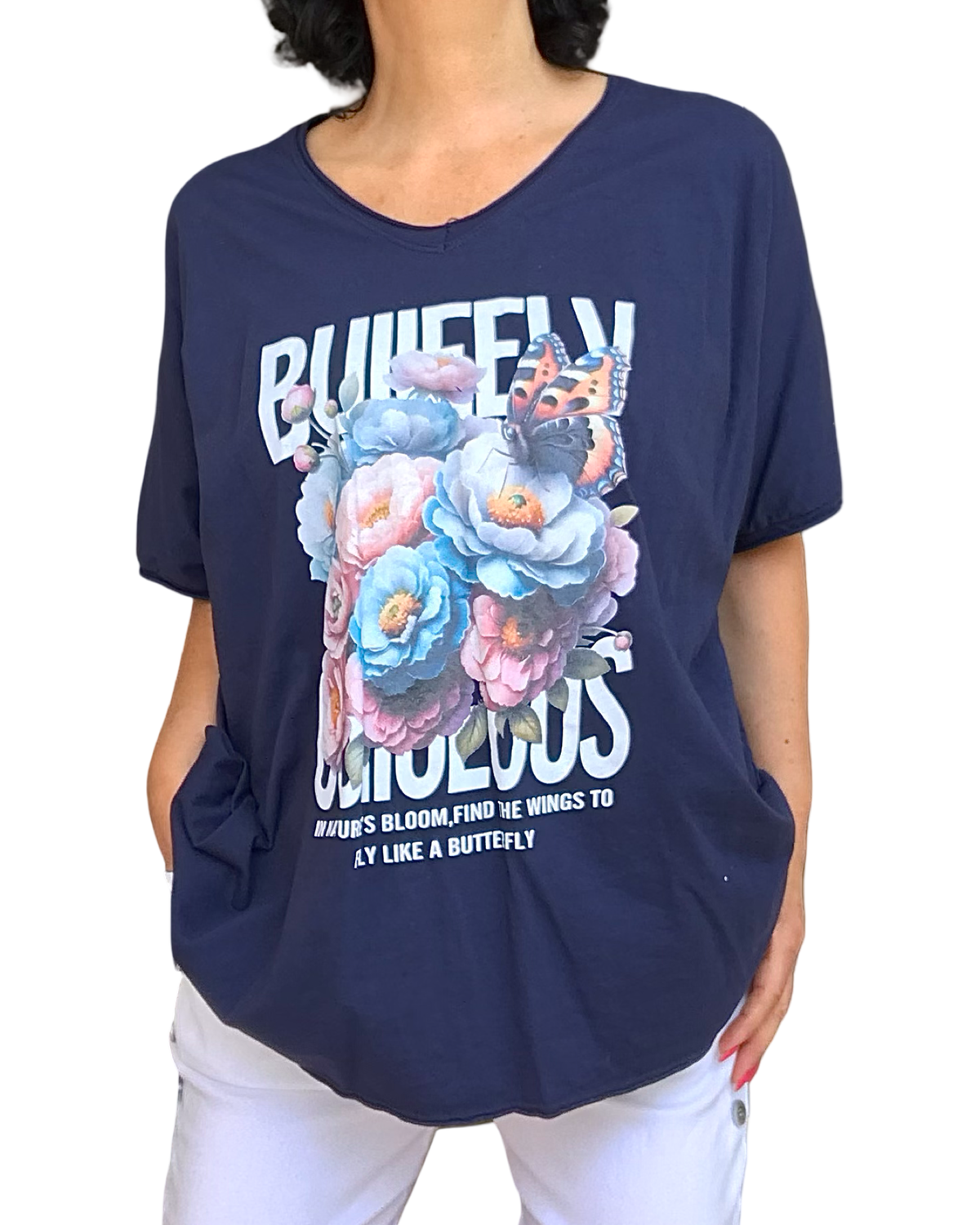 T-shirt col en V marine – bouquet & papillon