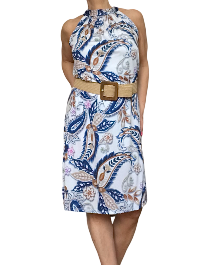 Robe au genou blanche imprimé Paisley marine avec ceinture élastique, couleur paille