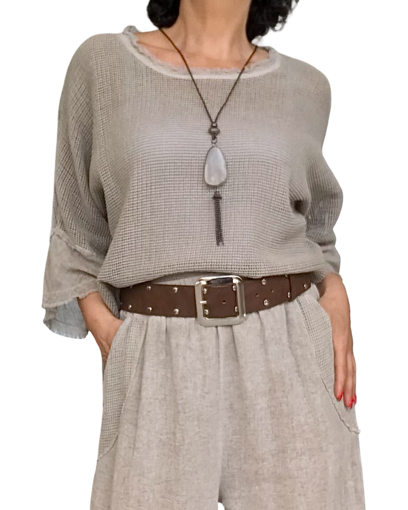 T-shirt beige en filet, col rond, manche courte