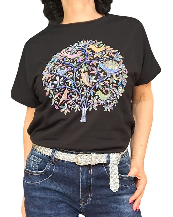 T-shirt noir arbre de vie scintillant