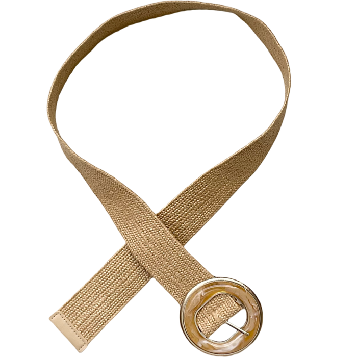 Ceinture en jute couleur miel avec boucle de 3,5 pouces de diamètre en plastique marbré miel et blanc