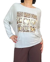 Chandail en tricot uni beige avec dessin de cœurs dorés, manche longue chauve souris