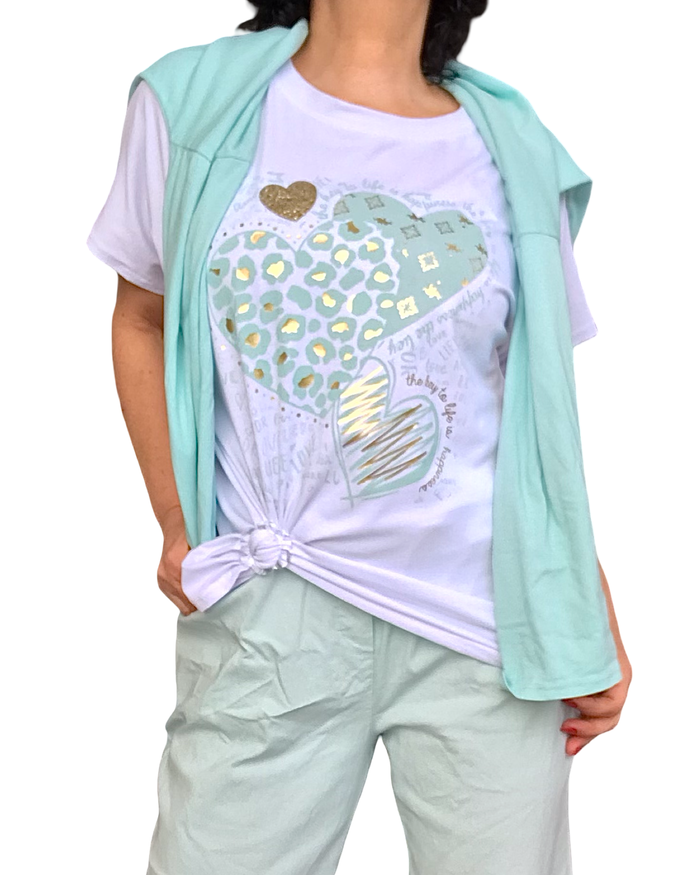 T-shirt blanc avec imprimé de cœurs Aqua et doré