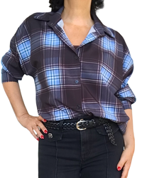 Chemise en satin à carreaux noir, gris et bleu ciel à manche longue