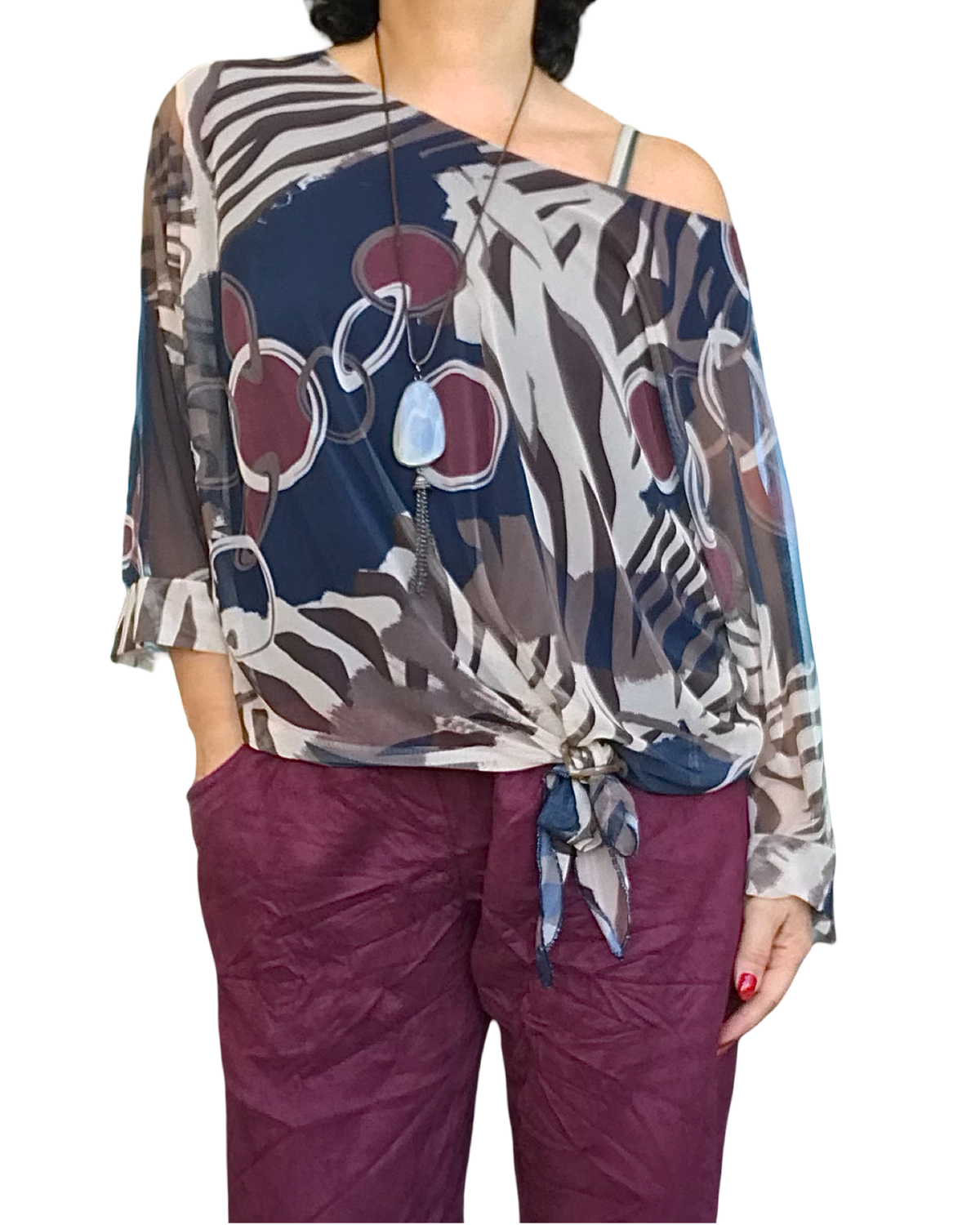 Blouse manches 3/4 en voile imprimé zébré et cercle noué au bas