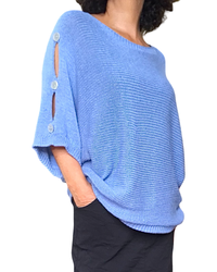 Chandail uni bleu jeans en tricot avec ouvertures sur les épaules