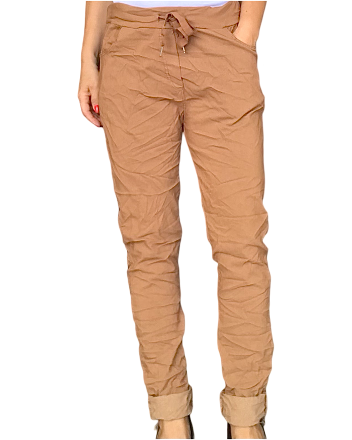 Pantalon camel à taille élastique avec cordon