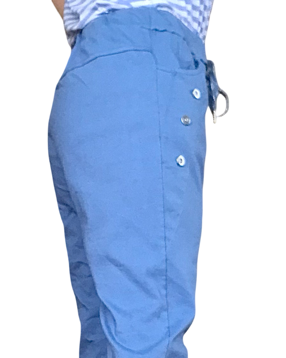 Pantalon bleu jeans à taille élastique avec cordon et 4 boutons décoratifs