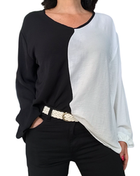 Blouse manches longues légère col en V color bloc noir et crème