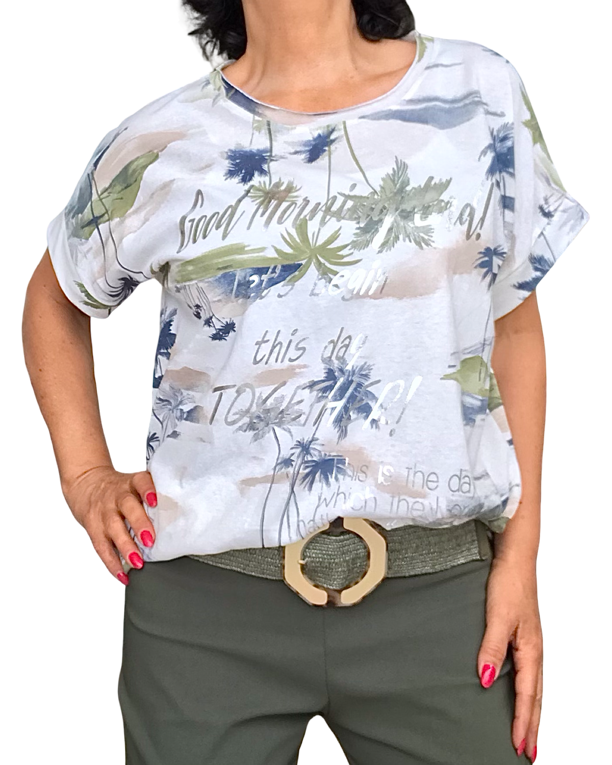 T-shirt col rond cordon au bas – imprimé palmiers