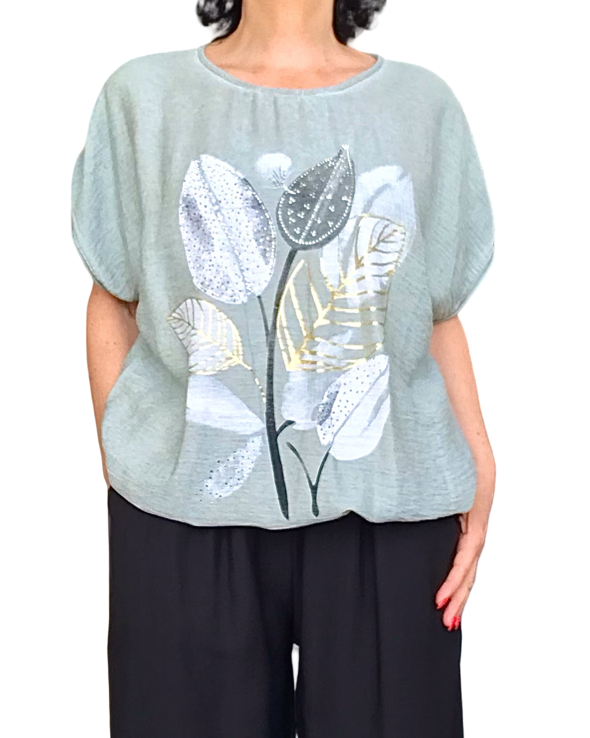 T-shirt uni kaki délavé manche courte col rond avec un dessin de feuilles blanc, noir et doré