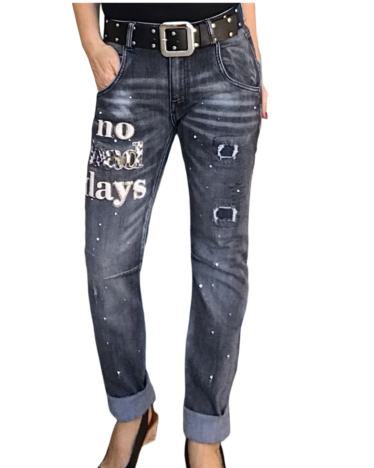 Jeans boyfriend noir délavé « no bad days »