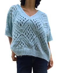 Chandail uni en tricot aqua à grandes mailles col en V