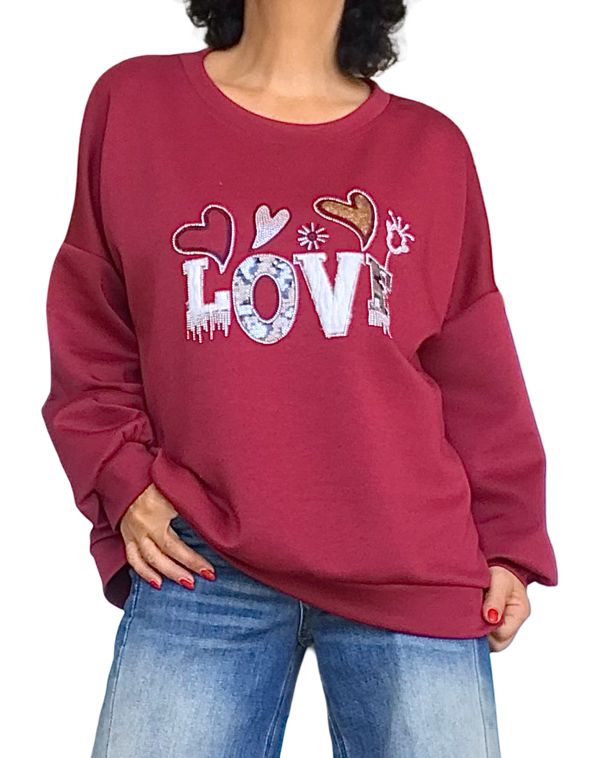 Chandail uni bourgogne col rond en jersey « Love »