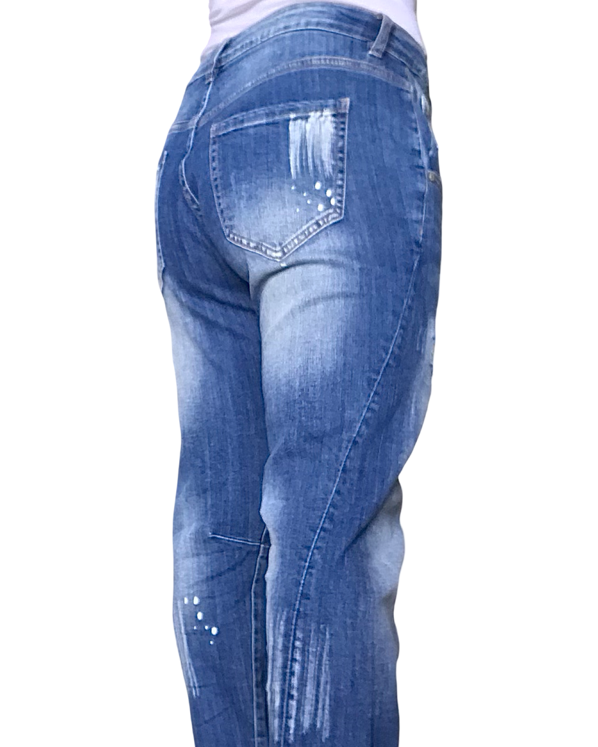 Jeans boyfriend bleu moyen délavé déconstruit avec des gouttes blanches dispersées