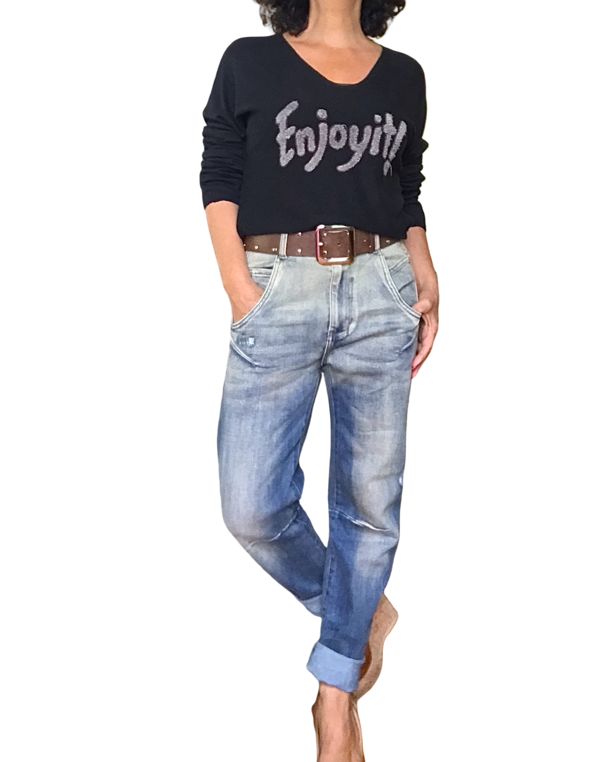 Chandail uni noir « Enjoy it » col  en V manche longue