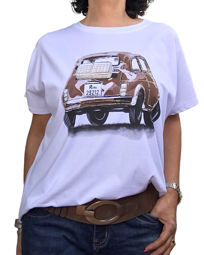 T-shirt blanc Fiat 500 brune– éclat chic et confort estival | Livraison 27 Mai
