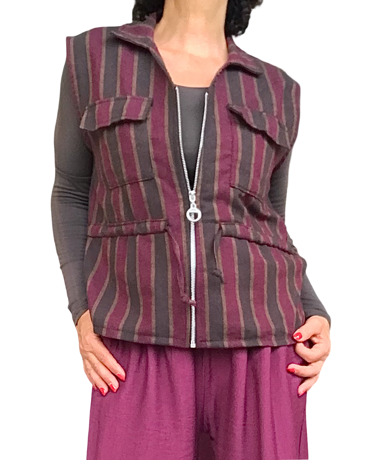 Veste sans manche rayée brun et bourgogne