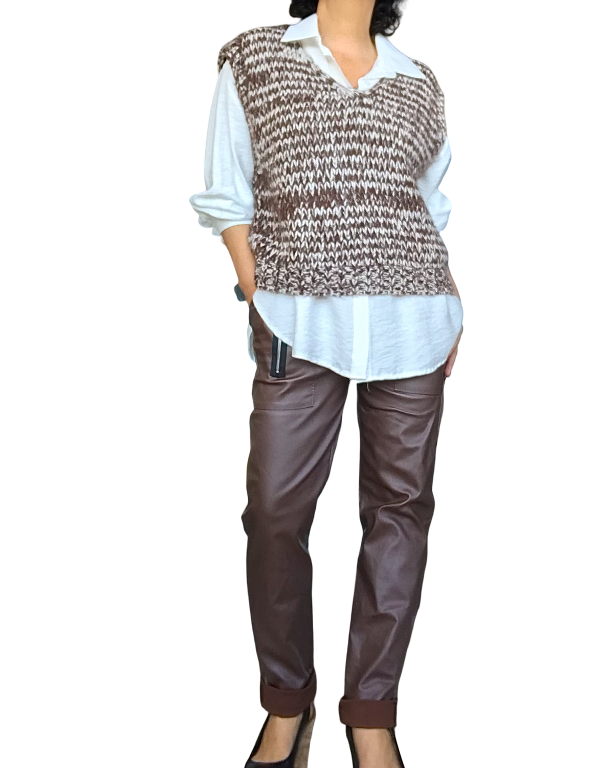 Débardeur en tricot col en V chiné brun et crème