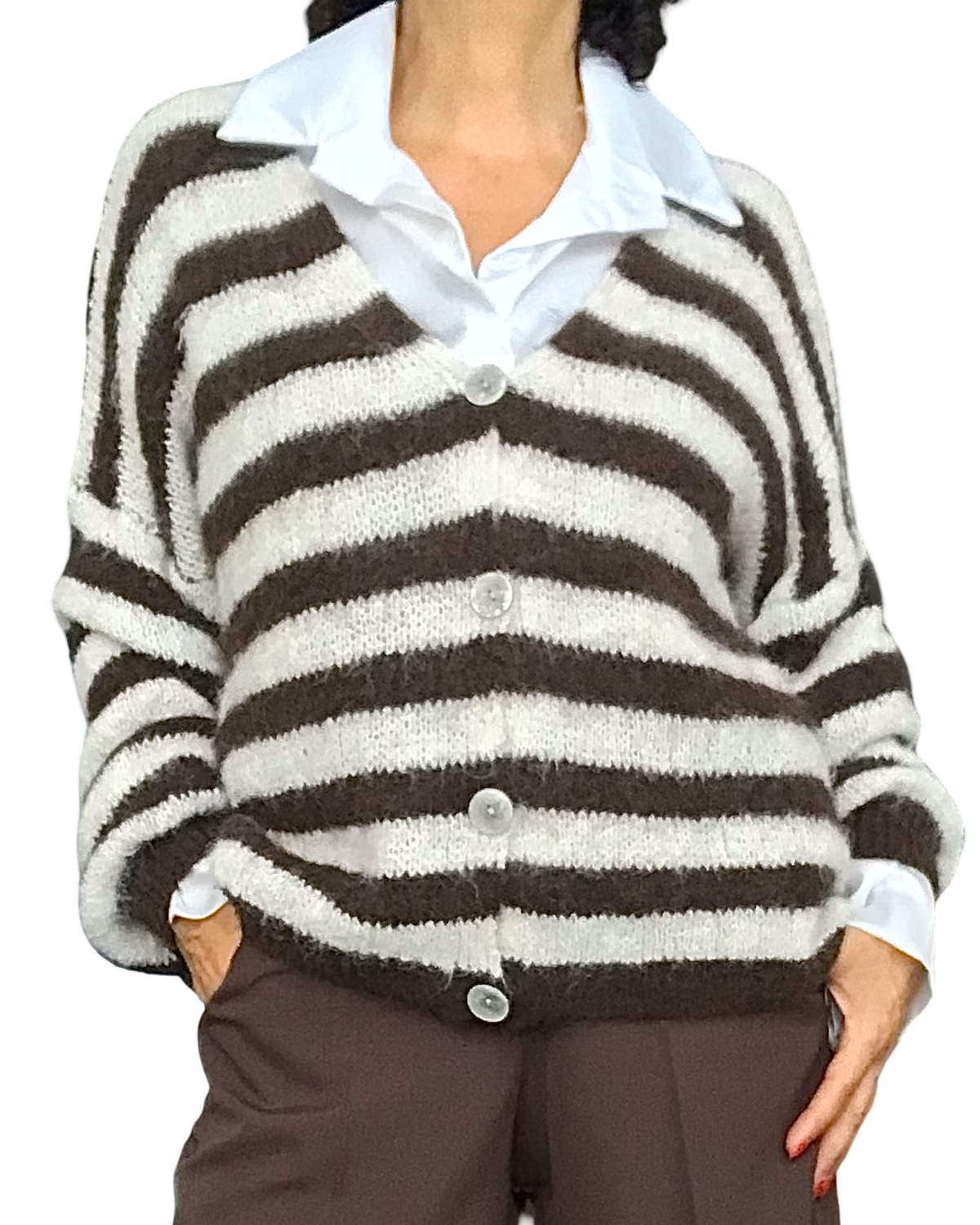 Cardigan rayé blanc et brun en tricot, manche longue