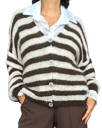 Cardigan rayé blanc et brun en tricot, manche longue