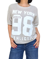 T-shirt uni beige manche courte col rond « 98 New York »