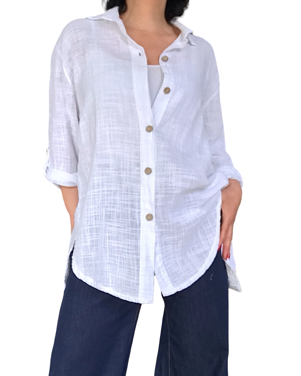 Chemise blanche unie à manche 3/4 col chemise