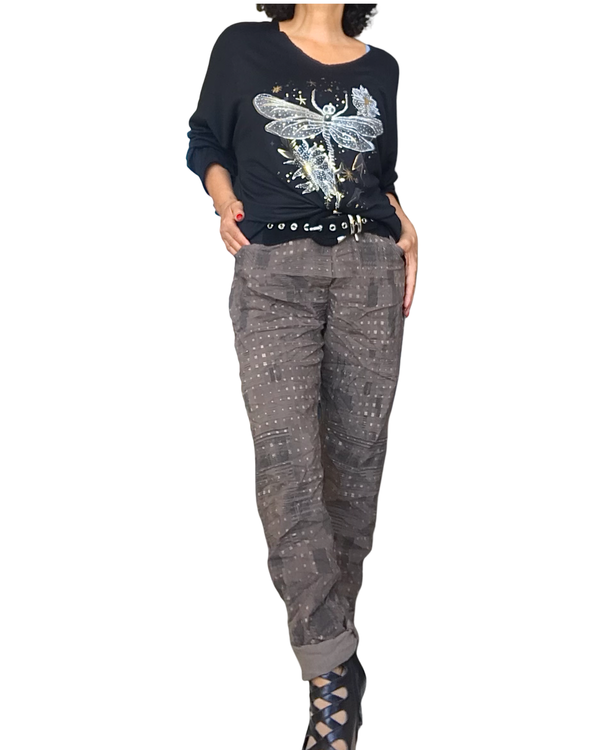 Pantalon brun à taille élastique avec cordon, imprimé d’un léger motif noir et petits carreaux dorés( Livraison 2 octobre)