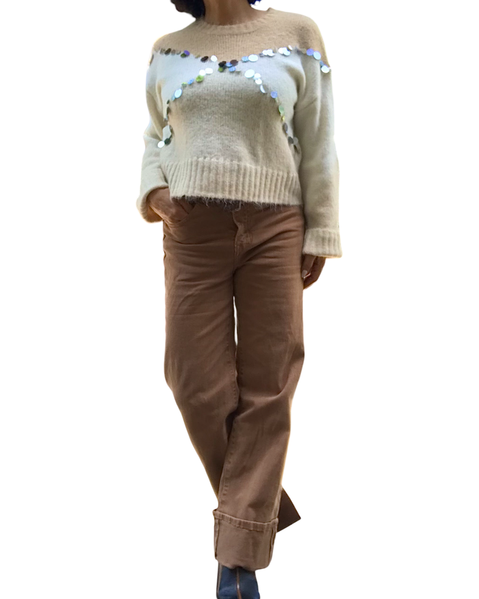 Chandail col rond beige en tricot 3 couleurs avec paillettes argentées croisées devant