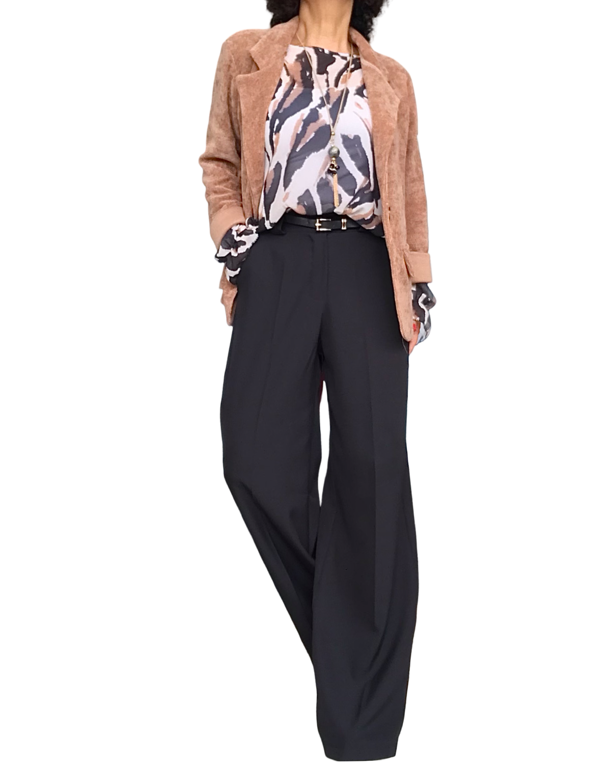 Blouse romantique en voile zébré crème, noire et camel, manches longues