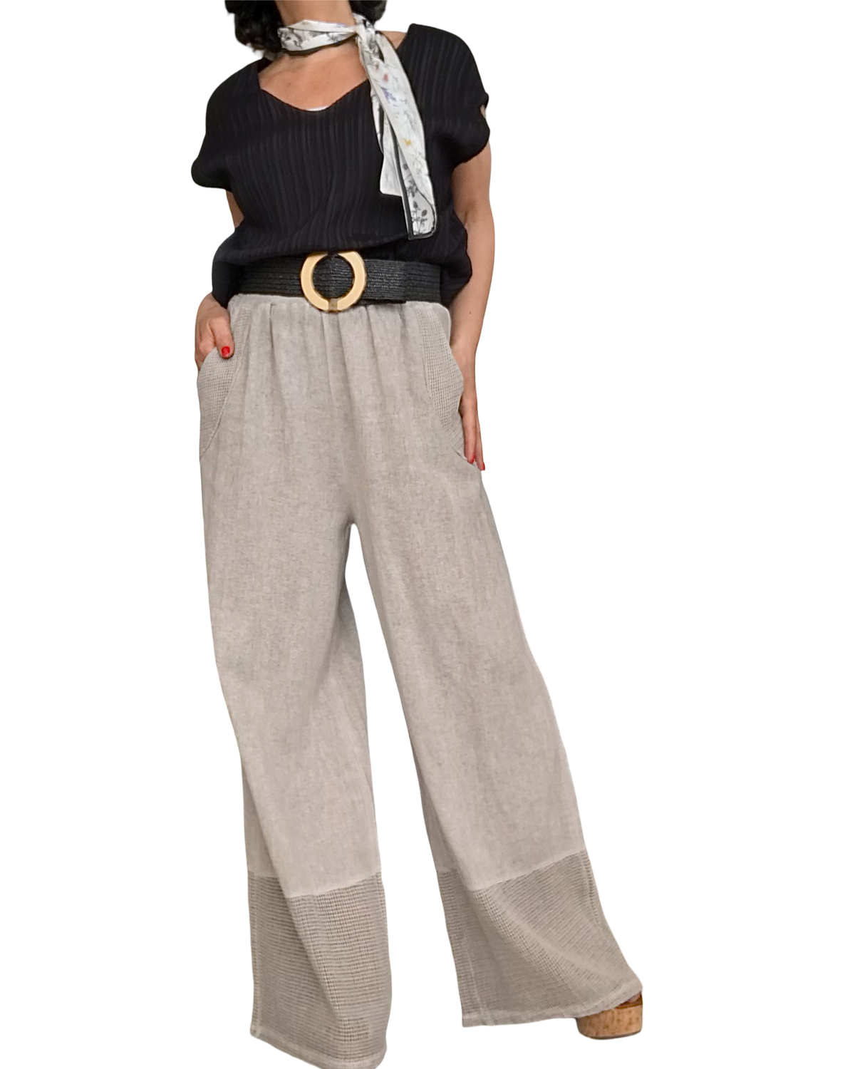 Pantalon beige délavé taille élastique, avec garniture en filet au bas