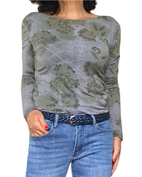 T-shirt kaki fleuri ton sur ton, manche longue col rond