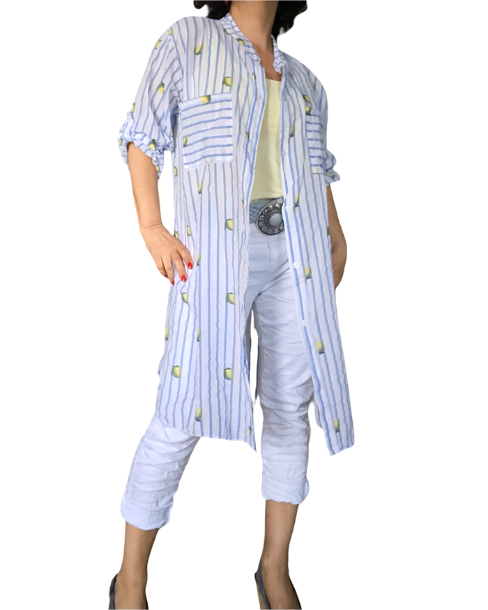 Chemise longue blanche à rayures bleu jeans imprimé de citrons( livraison 17 mars)