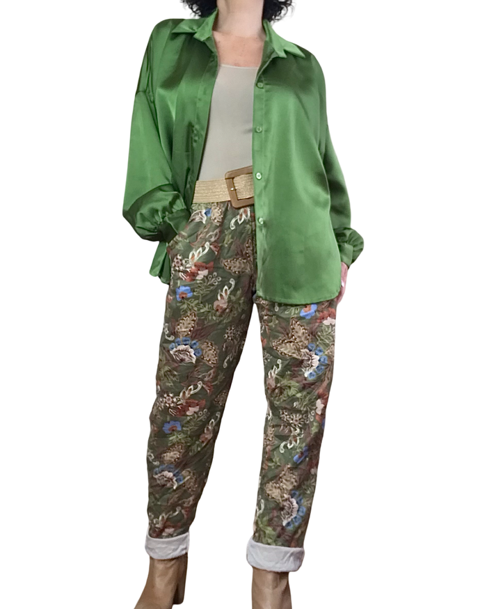 Chemise vert pomme en satin à manche longue